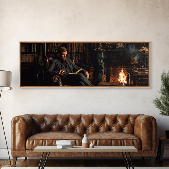 Gentleman Reading By Fireplace Wall Art, Dark Academia Library Canvas Print, Cozy Office Decor, Book Lover Housewarming Gift