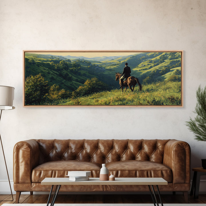 Horse Rider Over Green Valley Wall Art, Panoramic Landscape Canvas Print, Western Country Home Decor, Equestrian Gift For Him