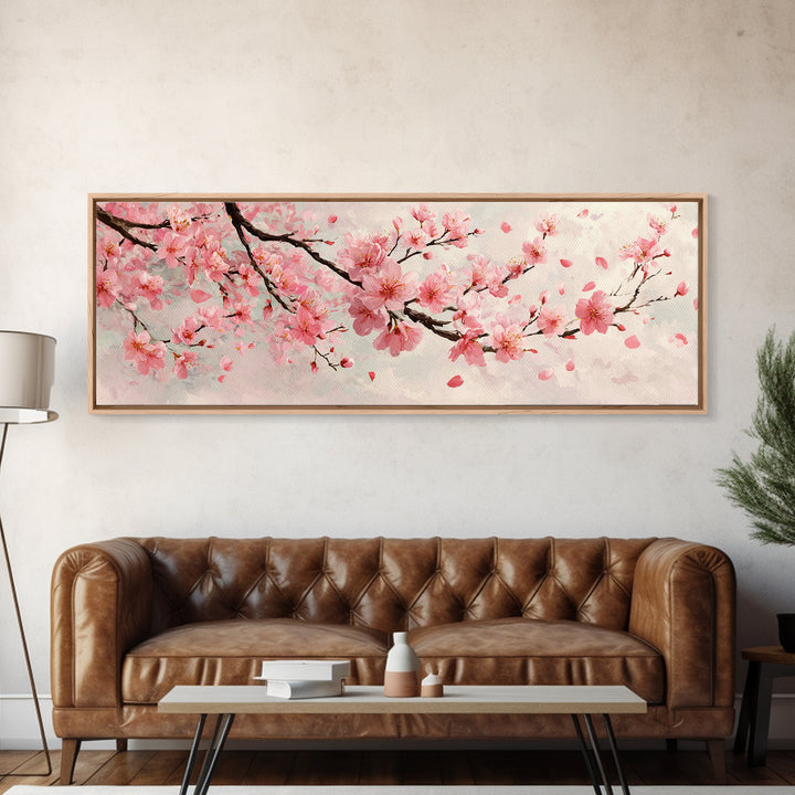Pink Cherry Blossom Branch Wall Art, Japanese Floral Canvas Print, Spring Botanical Decor, Feminine Bedroom Artwork Gift