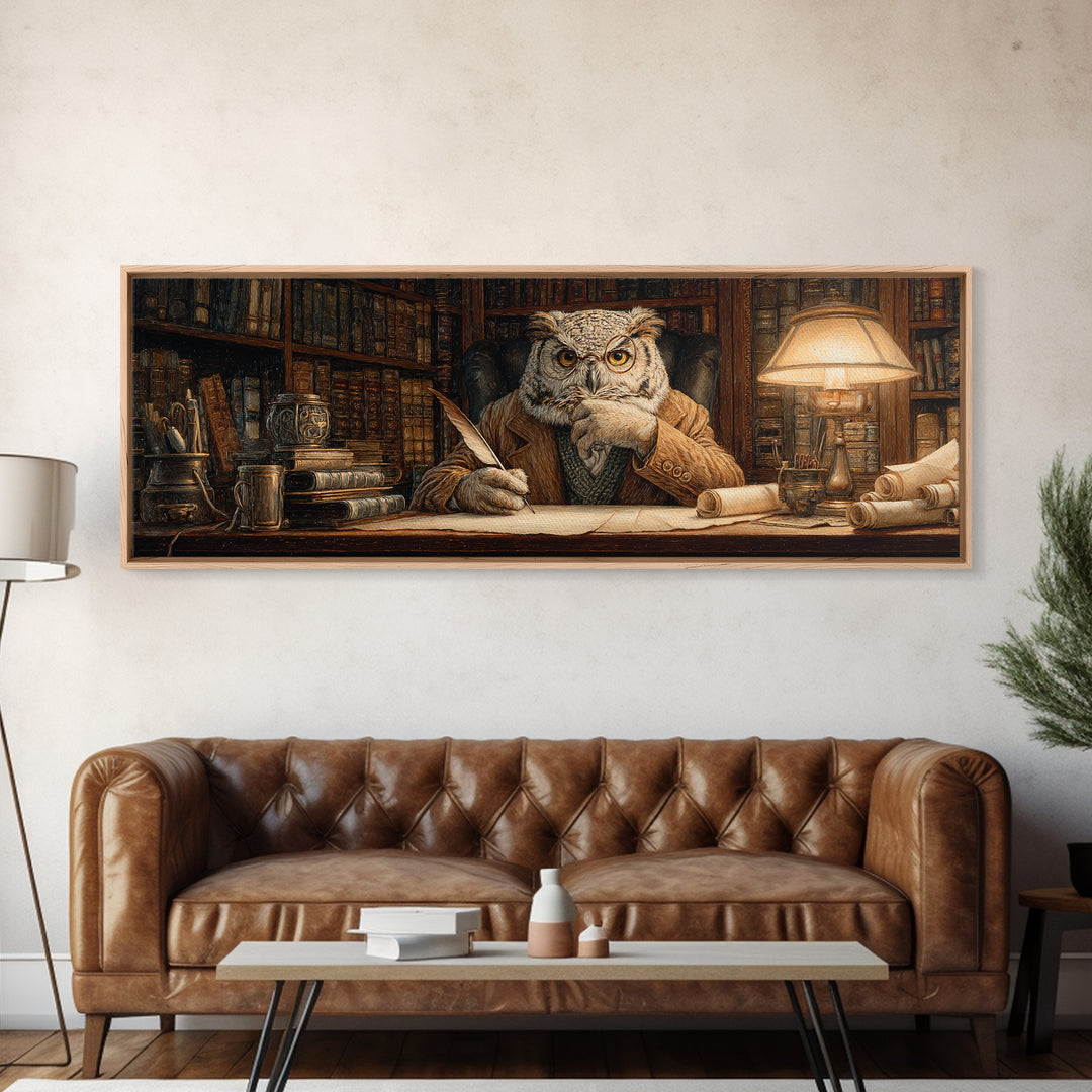 Wise Owl Librarian At Antique Desk Wall Art, Dark Academia Library Decor, Whimsical Animal Art Print For Book Lovers Gift