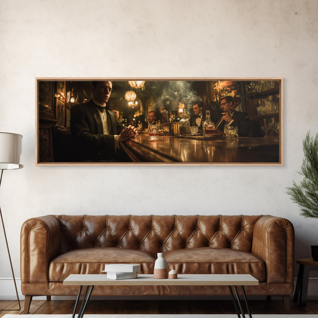 Elegant Tuxedo Men In Jazz Lounge Framed Canvas Print, Speakeasy Bar Wall Art, Masculine Home Decor, Gift For Him, Office Decor