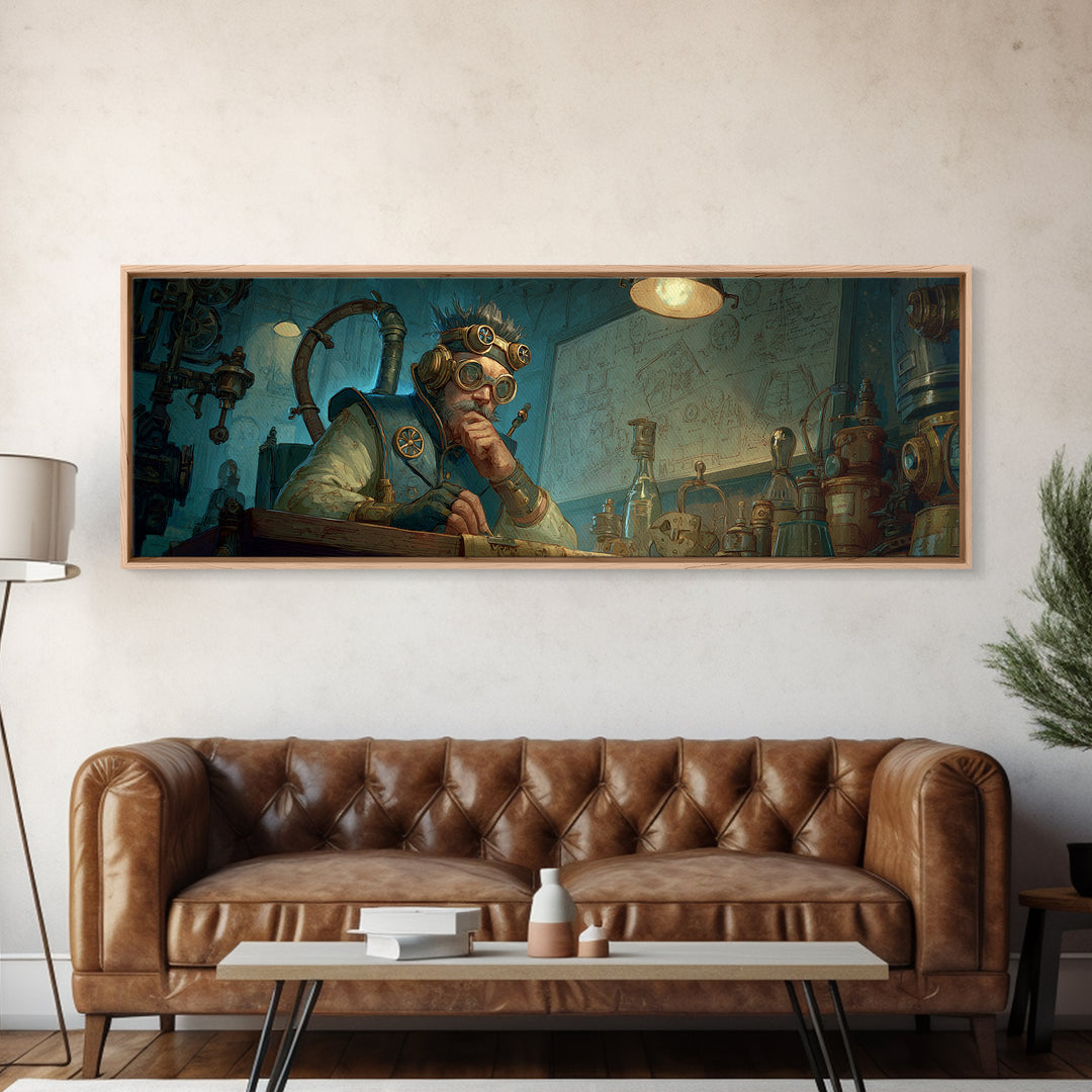 Steampunk Inventor Writing In Blue Laboratory Wall Art, Futuristic Science Decor, Industrial Office Art Print, Gift For Him