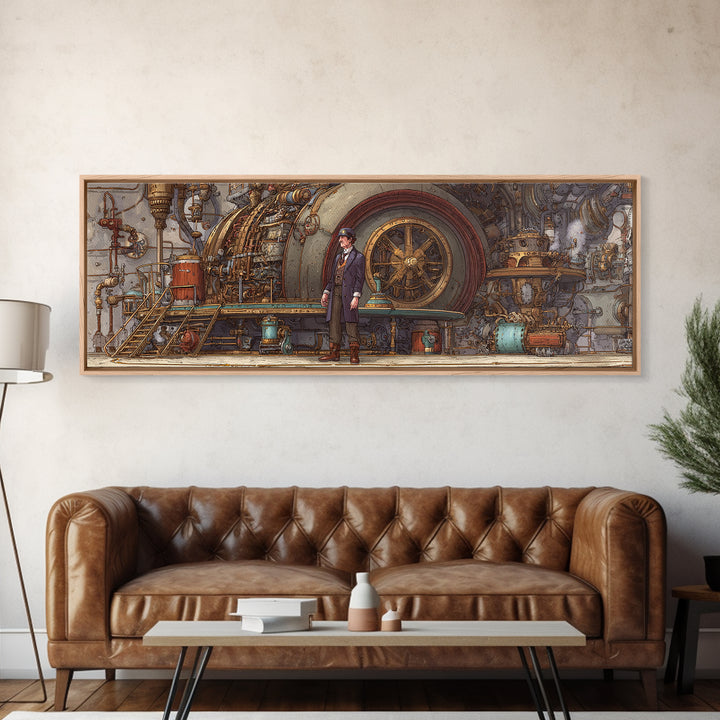 Victorian Engineer Before Giant Machine Canvas Print, Steampunk Industrial Wall Art, Mechanical Office Decor, Gift For Him