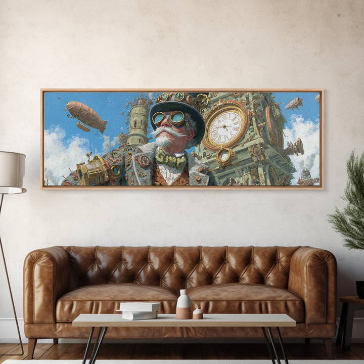 Steampunk Gentleman With Goggles And Clock Tower Wall Art, Victorian Airship Canvas, Industrial Office Decor For Living Room