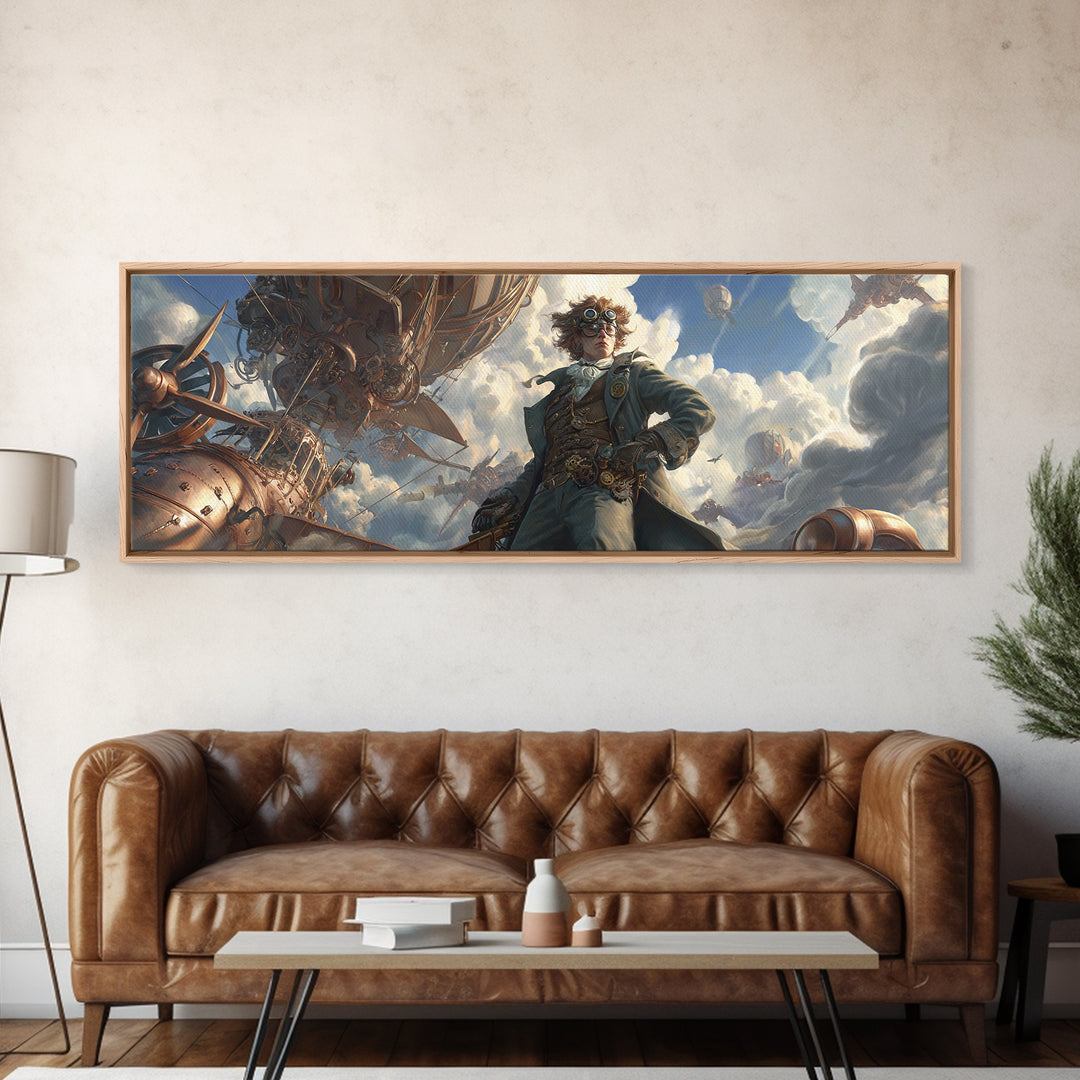 Airship Captain In Storm Clouds Framed Canvas Print, Steampunk Aviation Wall Art, Dramatic Sci Fi Office Decor For Game Room