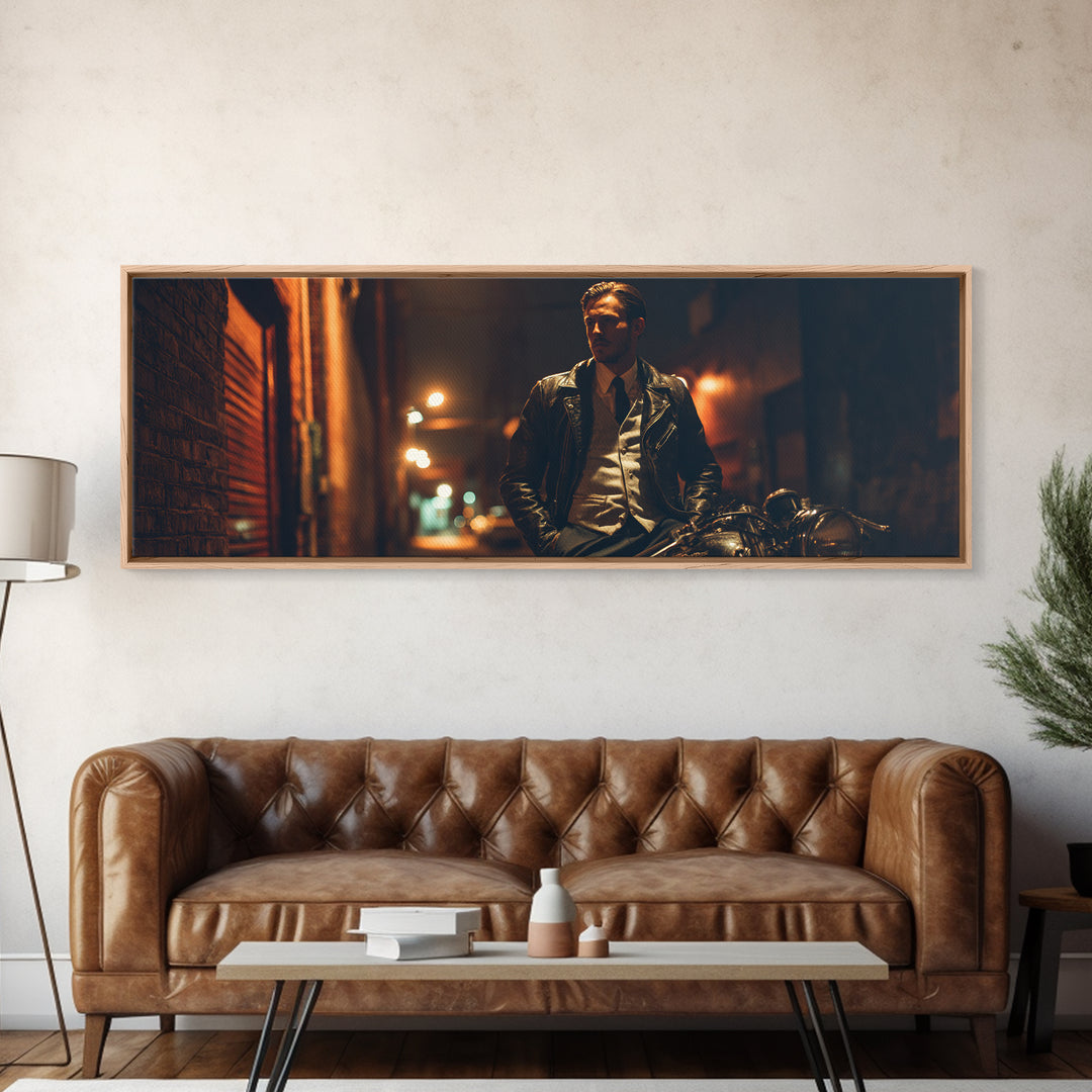 Noir Biker In Shadowed Alley Wall Art, Cinematic Motorcycle Canvas Print, Masculine Man Cave Decor Gift For Him, Urban Office Decor