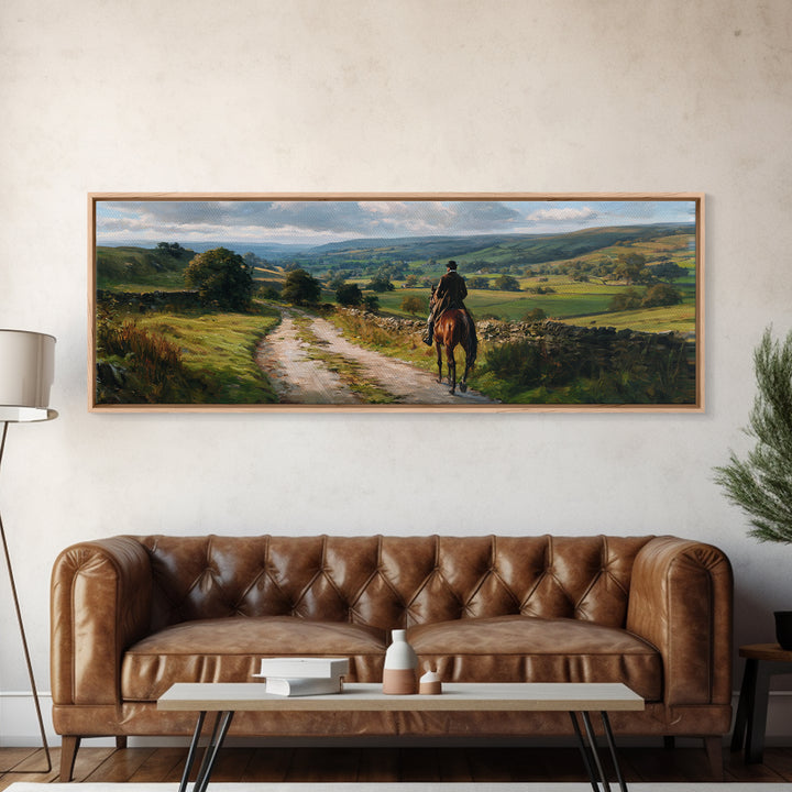 Lone Horse Rider On Country Road Wall Art, Rolling Hills Landscape Canvas Print, Rustic Farmhouse Living Room Decor Gift