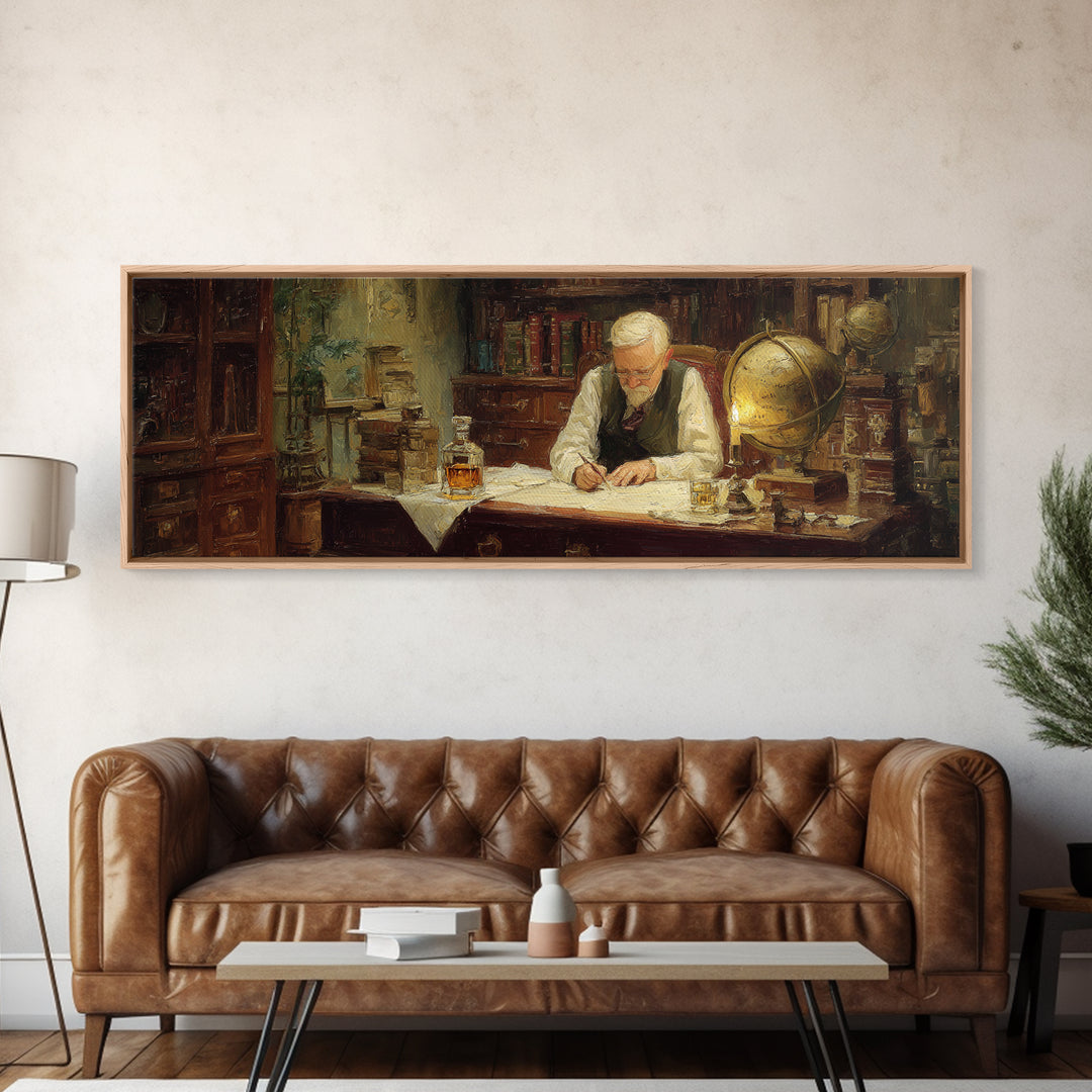 Elderly Scholar Writing Maps In Library Wall Art, Antique Globe Canvas Print, Dark Academia Office Decor Gift For Book Lovers
