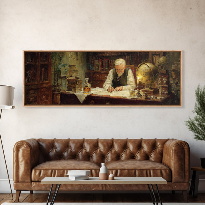 Elderly Scholar Writing Maps In Library Wall Art, Antique Globe Canvas Print, Dark Academia Office Decor Gift For Book Lovers