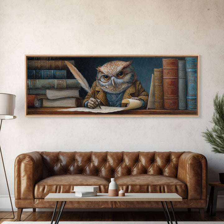 Whimsical Owl Scholar Writing Letters Wall Art, Storybook Animal Canvas Print, Cozy Library Nursery Office Decor Gift For Readers