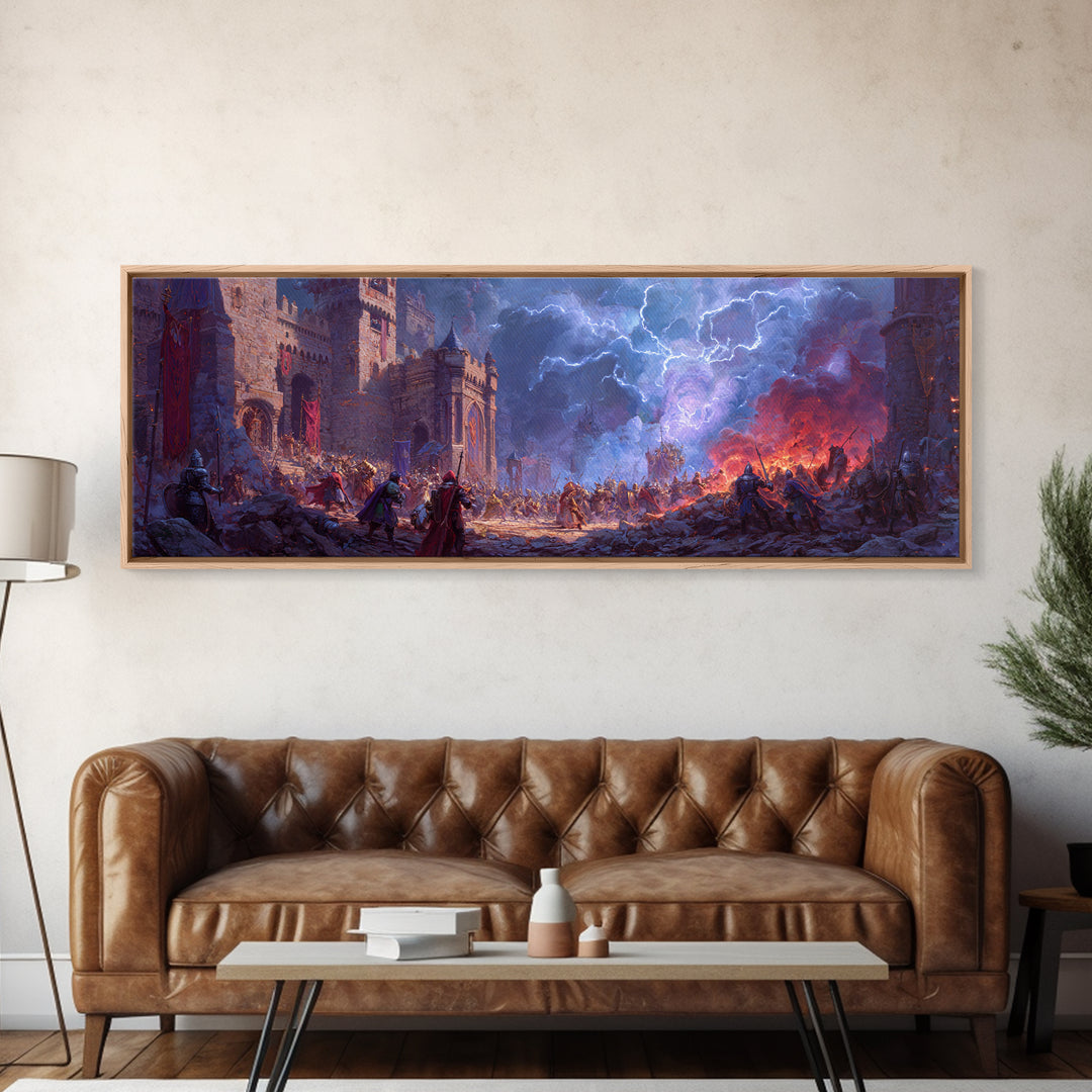 Stormlit Castle Siege Fantasy Battle Wall Art, Medieval Dragon Decor, Epic Landscape Canvas Print, Gamer Room Gift For Him