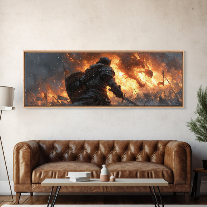 Lone Warrior Before Blazing Battlefield Framed Canvas Print, Dark Fantasy Wall Art, Medieval Battle Decor, Gift For Gamer