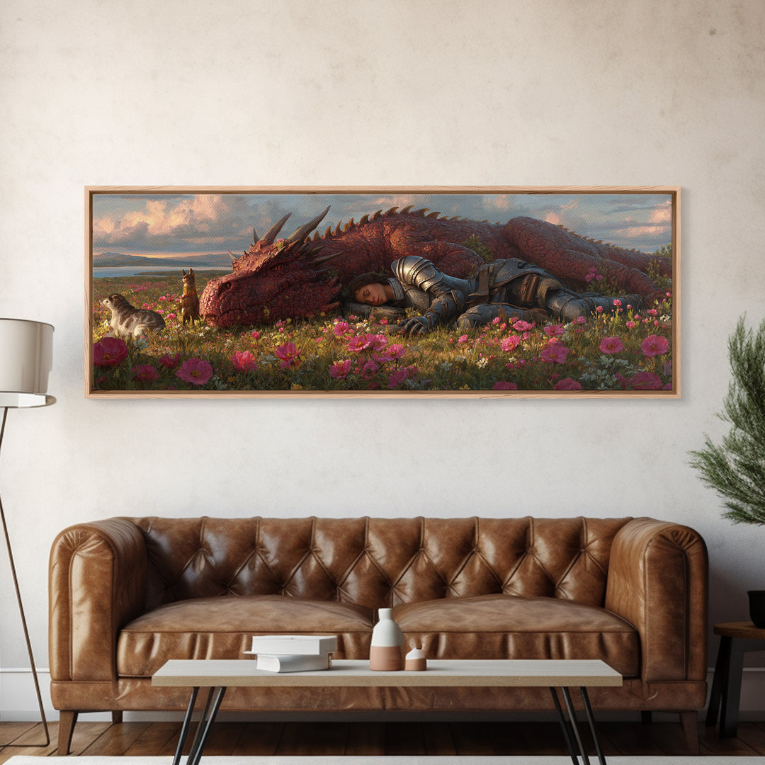 Sleeping Knight With Red Dragon In Flower Meadow Wall Art, Whimsical Fantasy Canvas Print, Nursery Decor Gift For Her And Kids