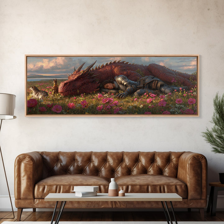 Sleeping Knight With Red Dragon In Flower Meadow Wall Art, Whimsical Fantasy Canvas Print, Nursery Decor Gift For Her And Kids