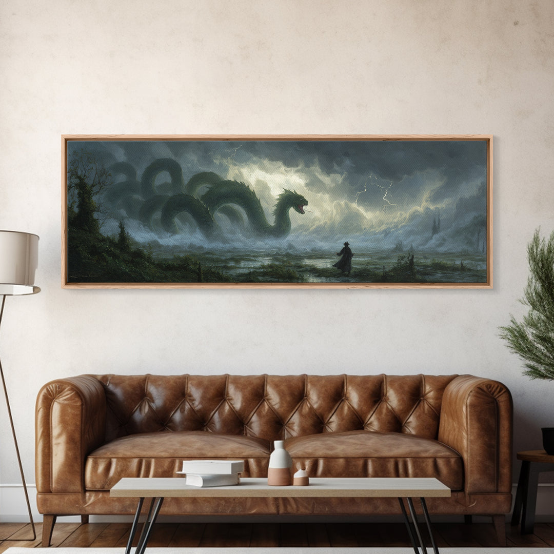Storm Hydra Rising From Misty Swamp Wall Art, Dark Fantasy Canvas Print, Mythical Monster Home Decor, Gothic Gift For Him