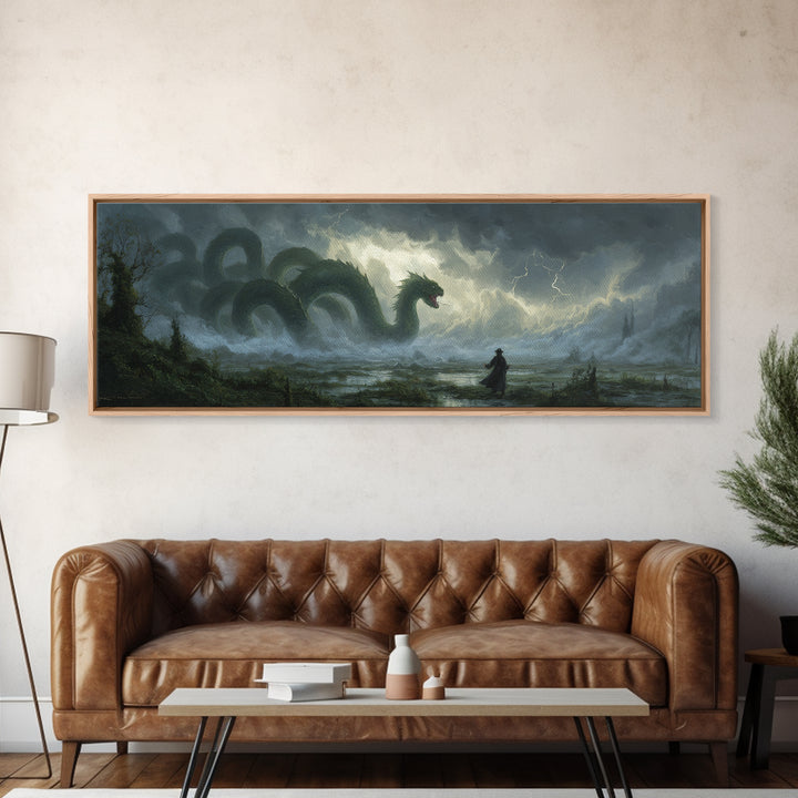 Storm Hydra Rising From Misty Swamp Wall Art, Dark Fantasy Canvas Print, Mythical Monster Home Decor, Gothic Gift For Him