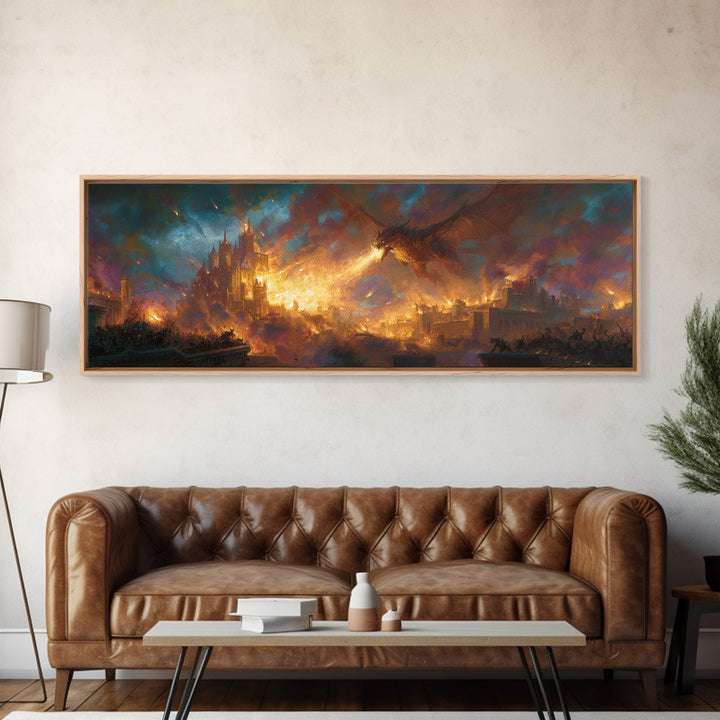 Fire Breathing Dragon Over Burning City Wall Art, Epic Fantasy Canvas Print, Medieval Castle Home Decor, Gamer Gift For Him