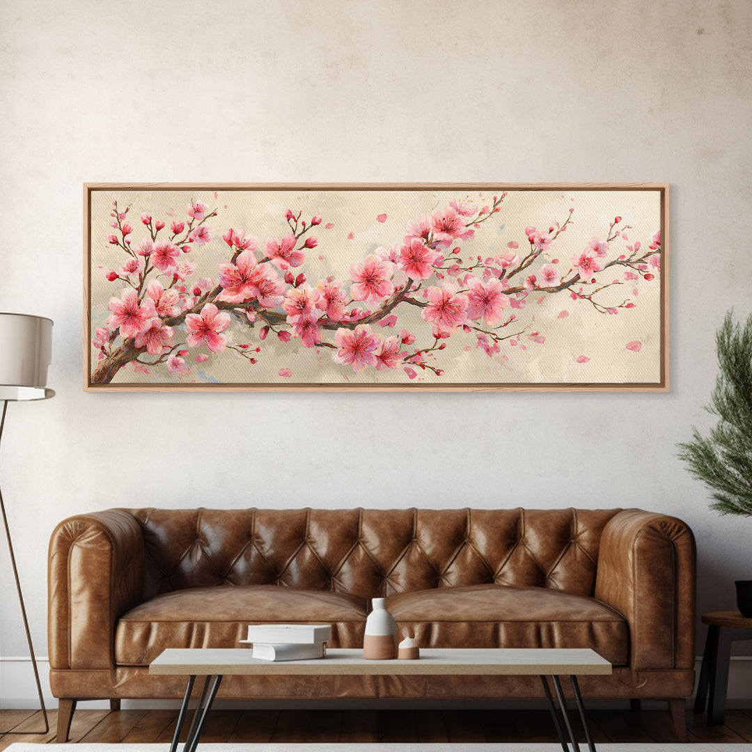 Pink Cherry Blossom Branch Canvas Print, Japanese Spring Wall Art, Botanical Floral Decor, Above Bed Panoramic Artwork Gift