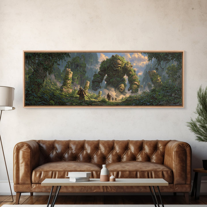 Ancient Jungle Golem Ruins With Adventurers Canvas Print, Fantasy Wall Decor, Large Landscape Art, Mythical Home Decor Gift