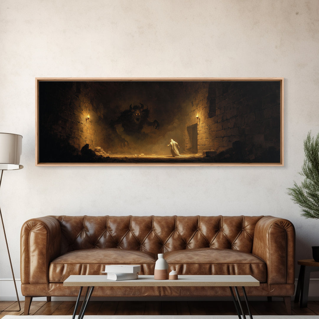 Torchlit Dungeon Minotaur Encounter Framed Canvas Print, Dark Fantasy Wall Art, Gothic Decor, Fantasy Gift For Him, Moody Wall Decor