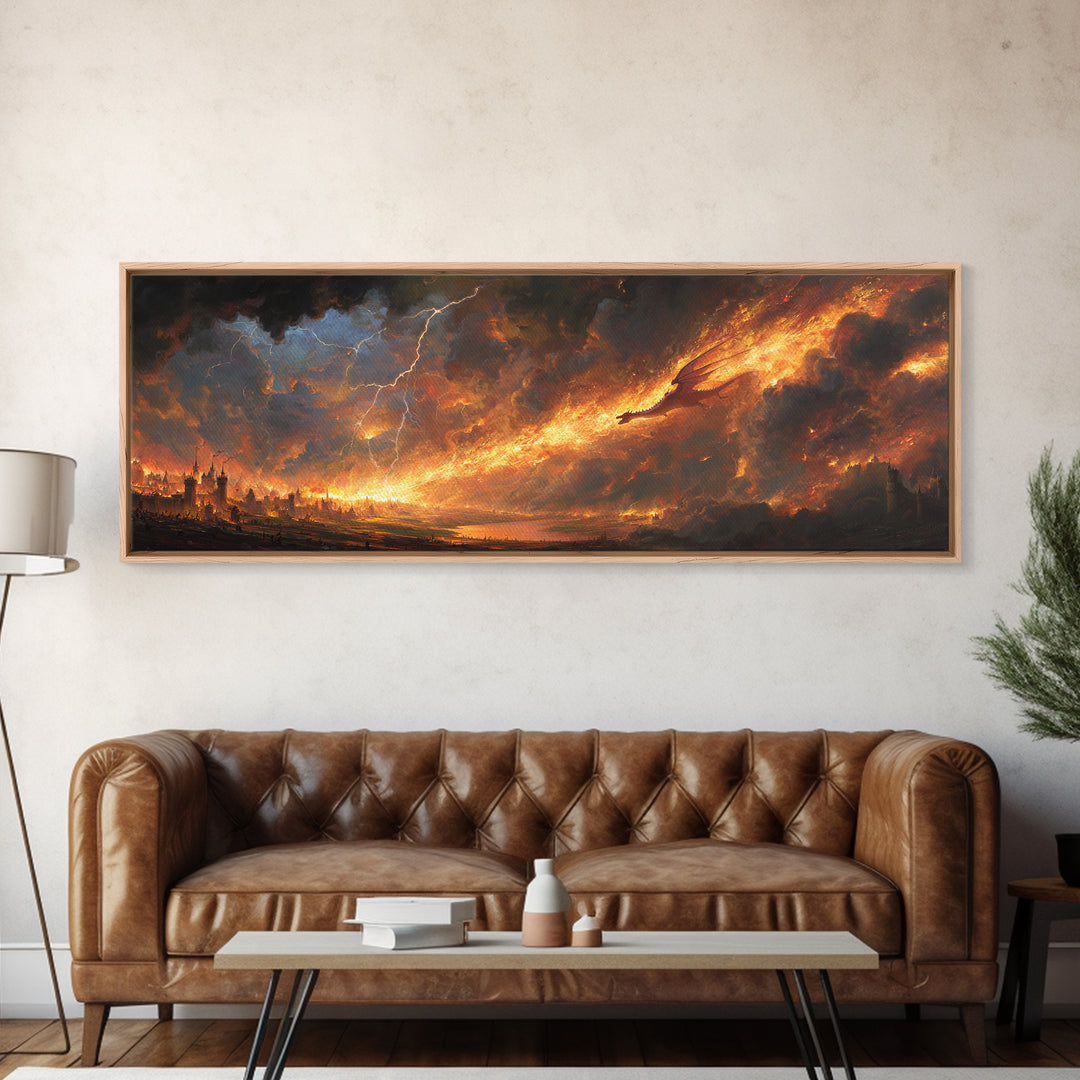 Apocalyptic Fire Dragon Over Burning City Canvas Print, Dark Fantasy Wall Art, Stormy Landscape, Dramatic Game Room Decor
