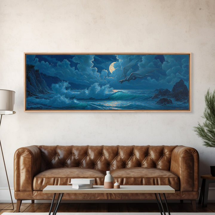 Moonlit Ocean Dragon Above Crashing Waves Canvas Print, Fantasy Wall Art, Nautical Decor, Blue Coastal Seascape Print Gift