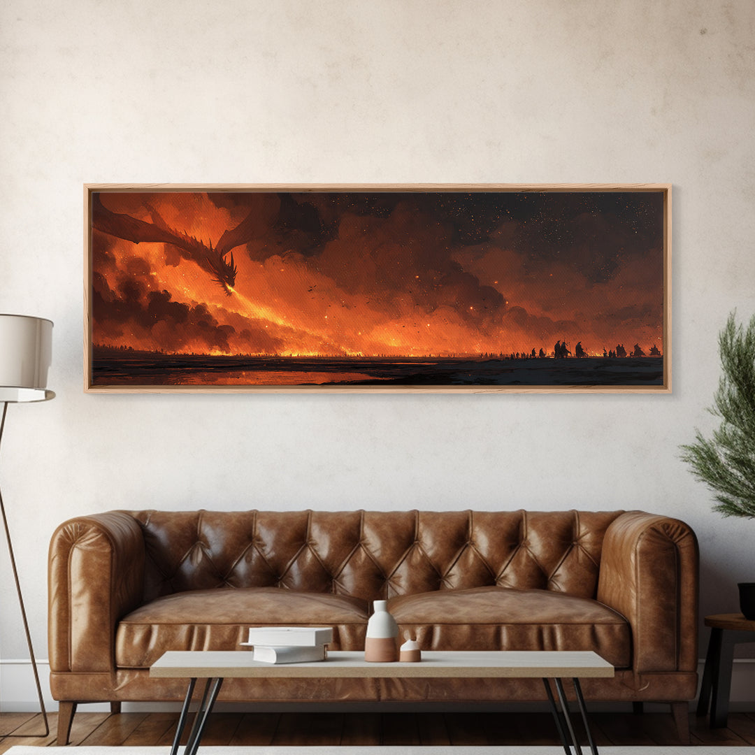 Fiery Dragon Horde Crossing Ashen Battlefield Canvas Print, Dark Fantasy Wall Art, Epic Dragon Art, Gaming Room Decor, Gift