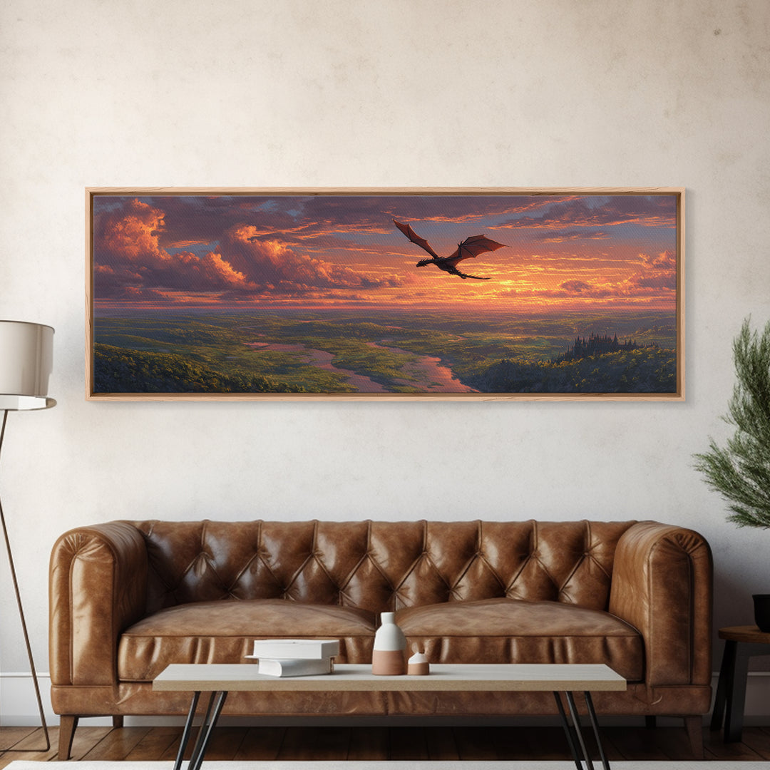 Sunset Dragon Flight Over River Valley Canvas Print, Fantasy Landscape Wall Art, Colorful Nature Art, Living Room Decor Gift