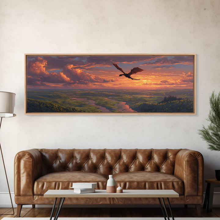 Sunset Dragon Flight Over River Valley Canvas Print, Fantasy Landscape Wall Art, Colorful Nature Art, Living Room Decor Gift