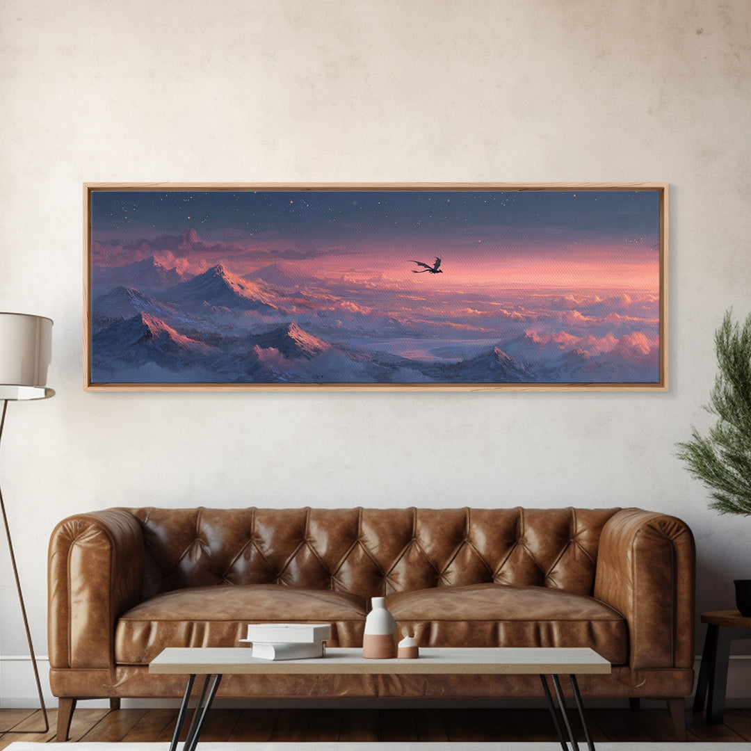 Pink Alpine Dragon Above Snowy Peaks Canvas Print, Fantasy Landscape Wall Art, Mountain Wall Art, Dreamy Bedroom Decor, Gift