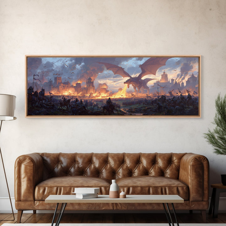 Epic Dragon Siege Over Burning Kingdom Framed Canvas Print, Fantasy Wall Art, Medieval Battle Decor, Game Room Art, Large Wall Decor