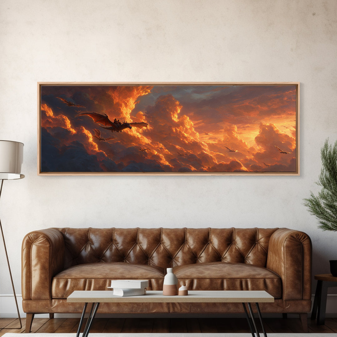 Golden Storm Clouds With Soaring Dragons Canvas Print, Fantasy Wall Art, Sunset Sky Decor, Epic Landscape Art Print, Living Room Decor