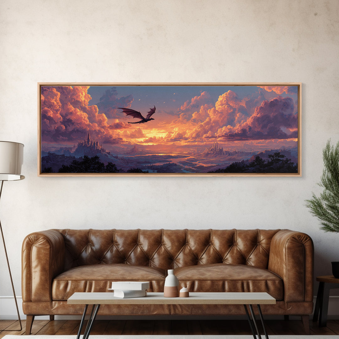 Pastel Dragon Over Cloud Castles At Sunset Canvas Print, Fantasy Landscape Wall Art, Whimsical Decor, Dreamy Nursery Art