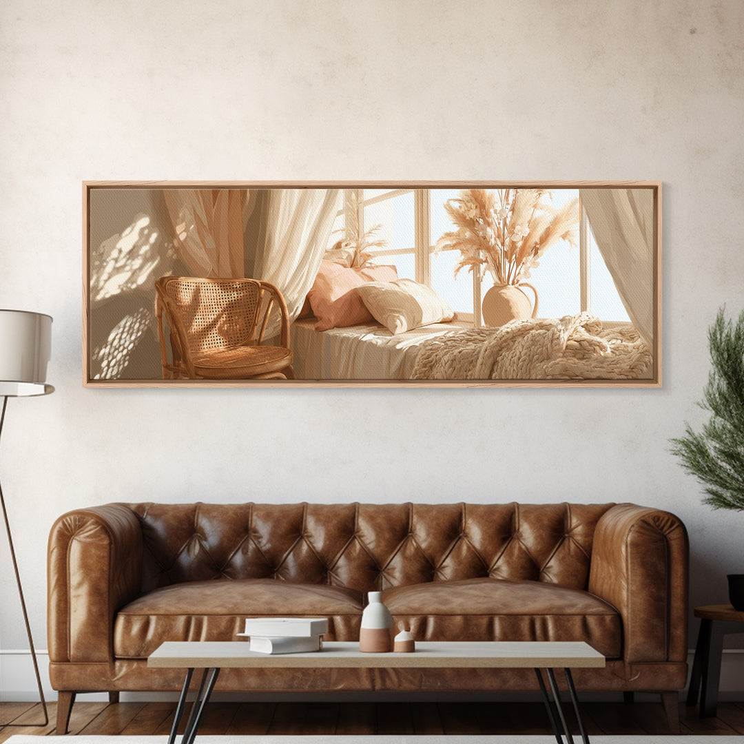 Sunlit Boho Bedroom With Pampas Grass Wall Art, Warm Neutral Above Bed Decor, Cozy Home Decor, Large Horizontal Canvas Print