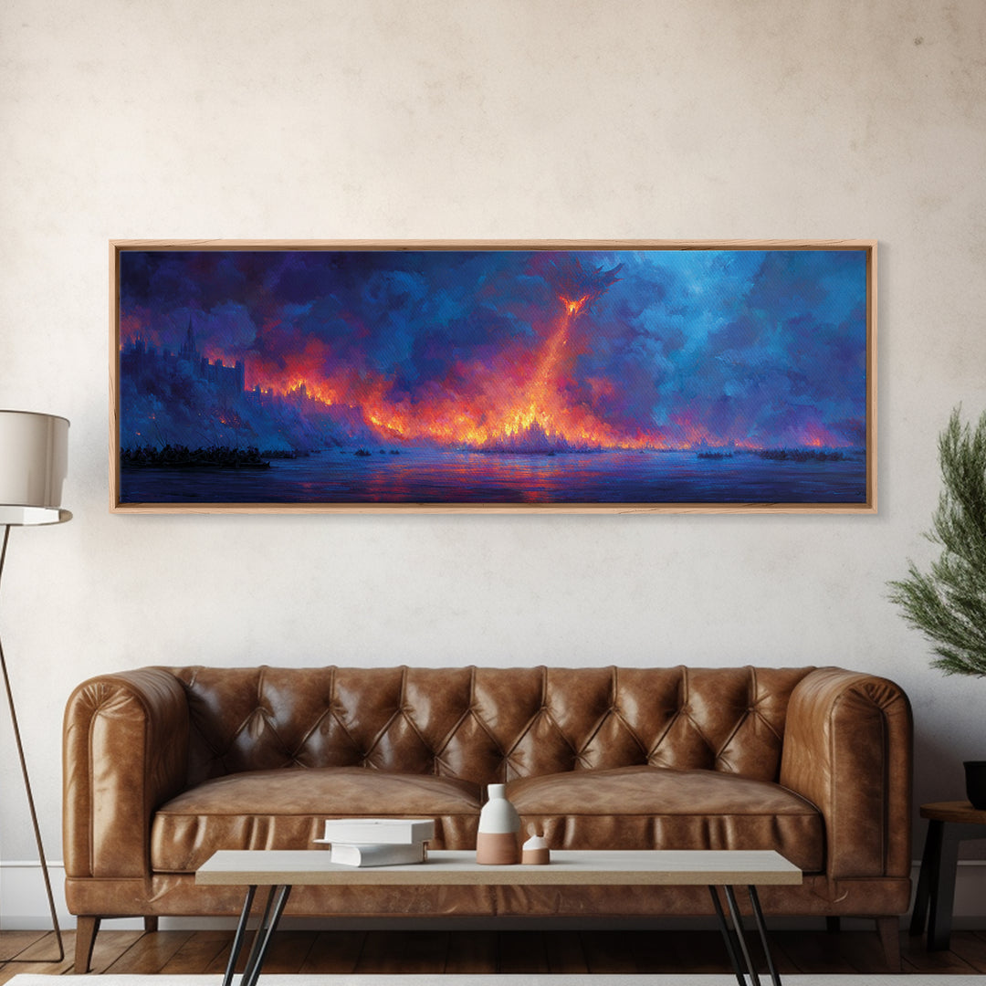 Fire Dragon Over Burning Forest Wall Art, Fantasy Landscape Canvas Print, Dark Moody Wall Decor, Panoramic Art Gift For Him