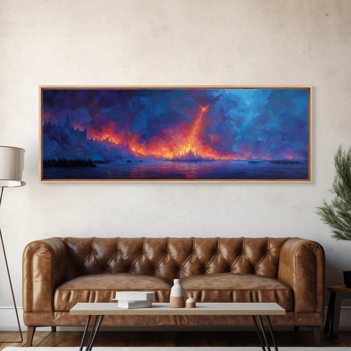 Fire Dragon Over Burning Forest Wall Art, Fantasy Landscape Canvas Print, Dark Moody Wall Decor, Panoramic Art Gift For Him