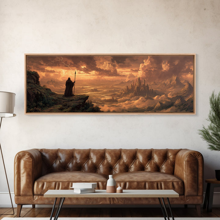 Wizard Over Golden Cloud City Framed Canvas Print, Fantasy Landscape Wall Art, Medieval Home Decor, Epic Castle Gift For Him