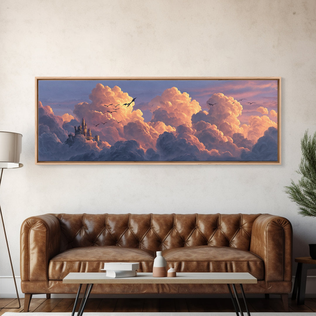 Pastel Castle In Pink Clouds Canvas Print, Dreamy Fantasy Wall Art, Nursery Decor, Whimsical Cloudscape Art, Gift For Her