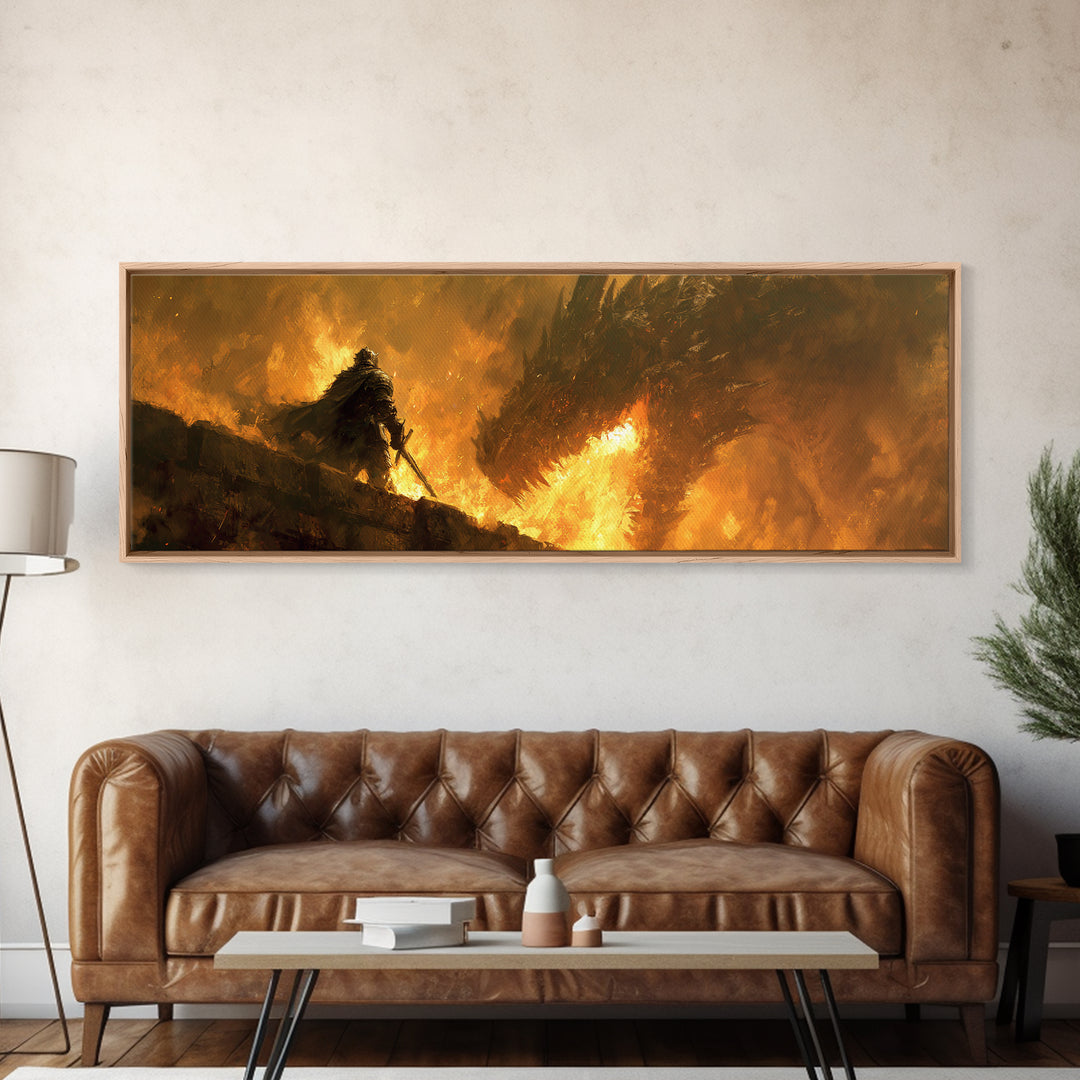 Lone Warrior Facing Fire Dragon Wall Art, Dark Fantasy Canvas Print, Epic Battle Decor, Medieval Gift For Him, Large Art