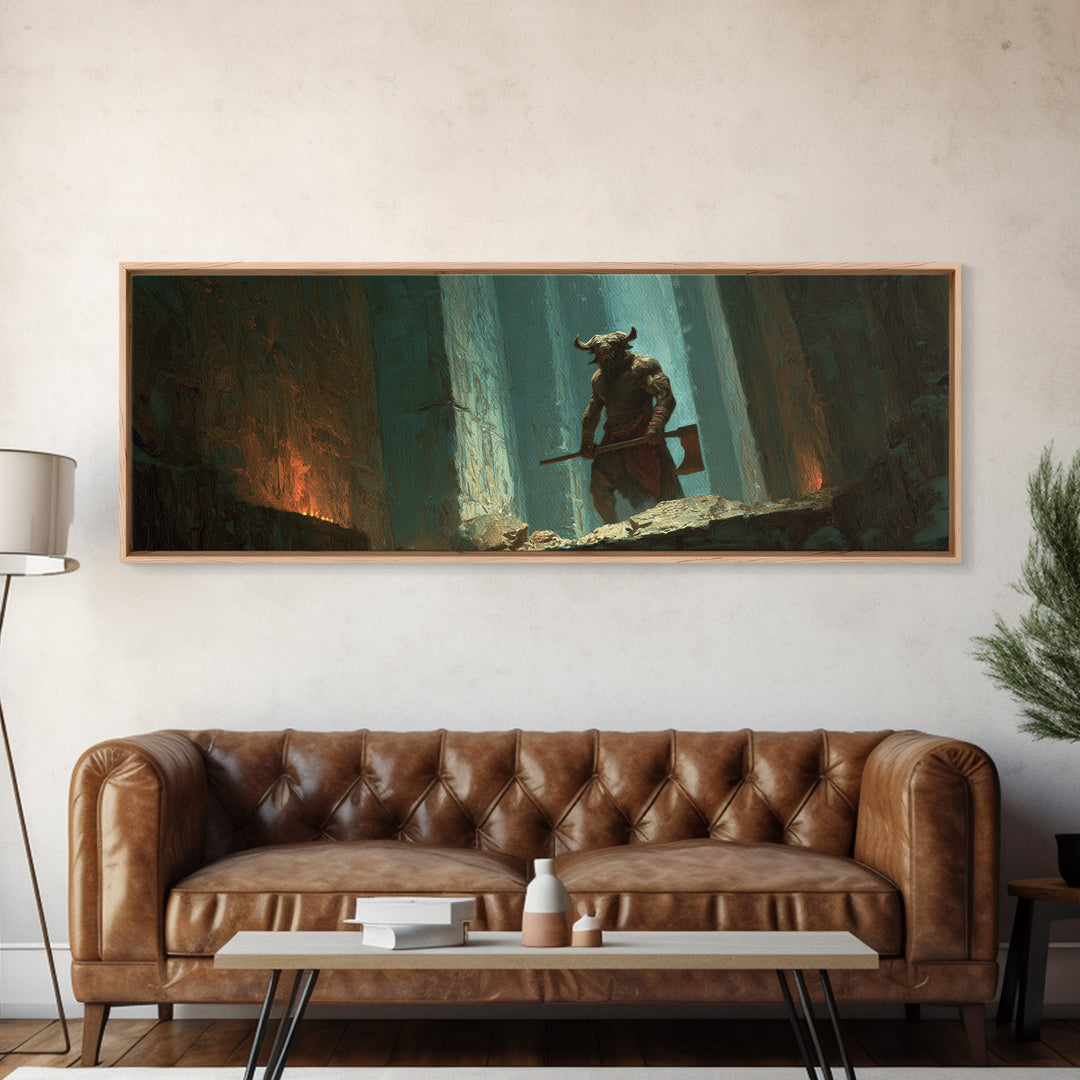 Minotaur Warrior In Ancient Forest Framed Canvas Print, Dark Fantasy Wall Art, Gothic Decor, Mythological Art Gift For Him