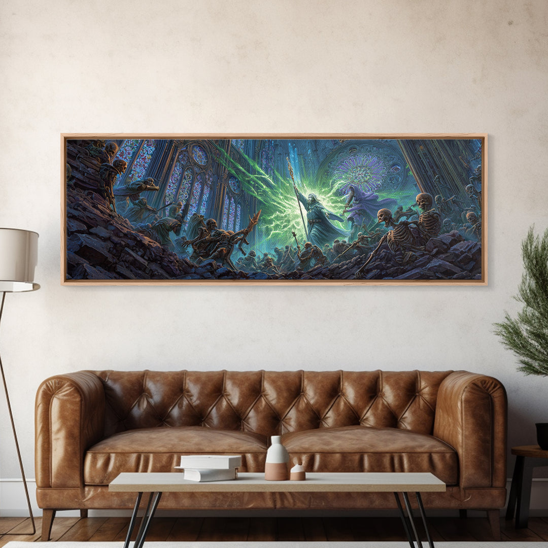 Necromancer Battle In Gothic Cathedral Wall Art, Dark Fantasy Canvas Print, Skeleton Decor, Surreal Magic Art Gift For Him