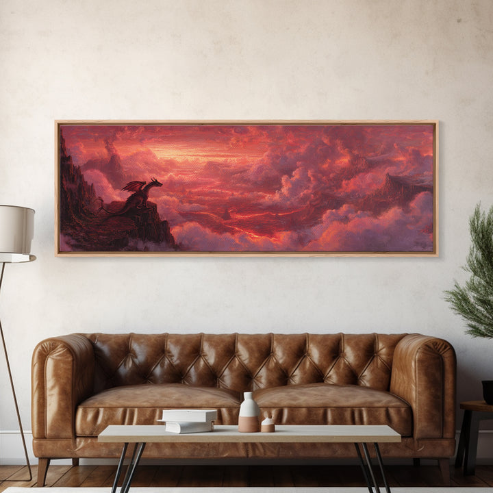 Red Dragon On Volcanic Cliff Wall Art, Dark Fantasy Landscape Canvas Print, Gothic Decor, Moody Panoramic Art Gift For Him