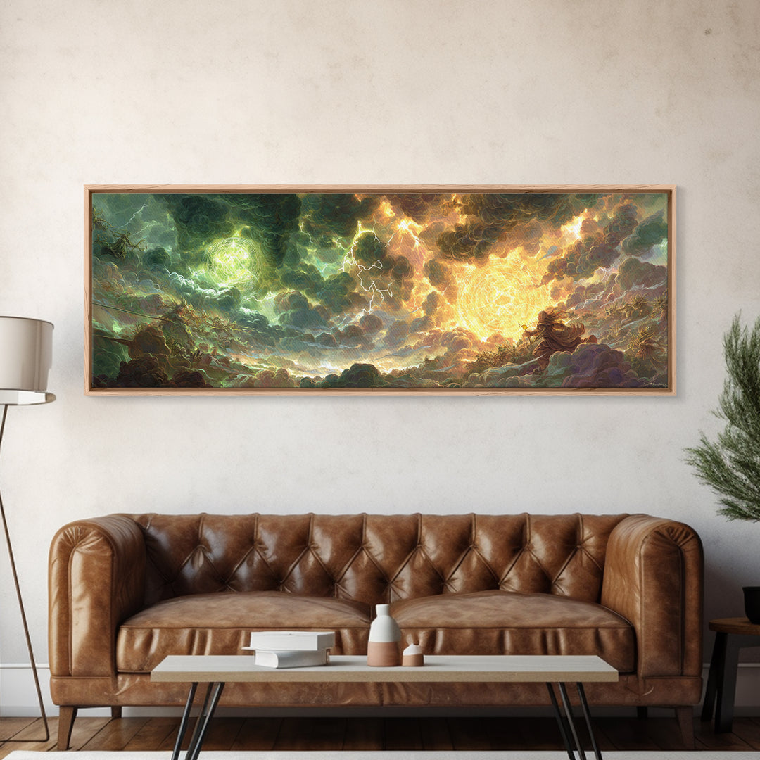 Celestial Storm Kingdom With Golden Light Framed Canvas Print, Fantasy Wall Art, Surreal Landscape Decor, Epic Gift For Him