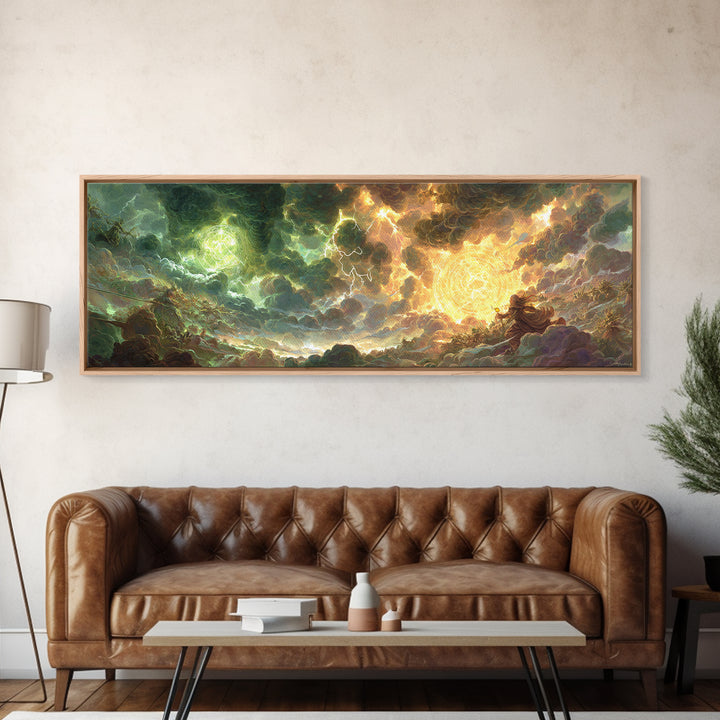 Celestial Storm Kingdom With Golden Light Framed Canvas Print, Fantasy Wall Art, Surreal Landscape Decor, Epic Gift For Him