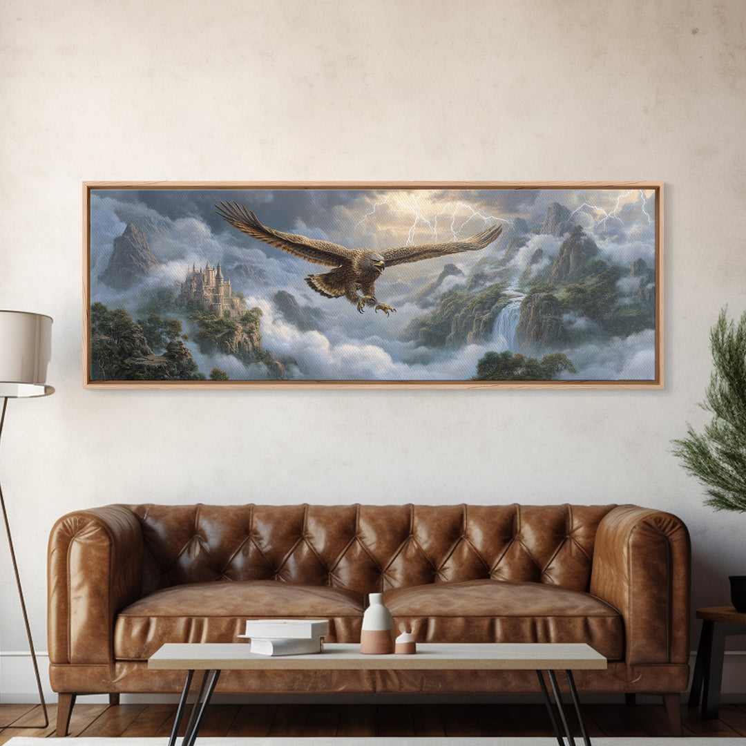 Soaring Eagle Over Misty Castle Mountains Framed Canvas Print, Fantasy Landscape Wall Art, Stormy Medieval Home Decor Gift