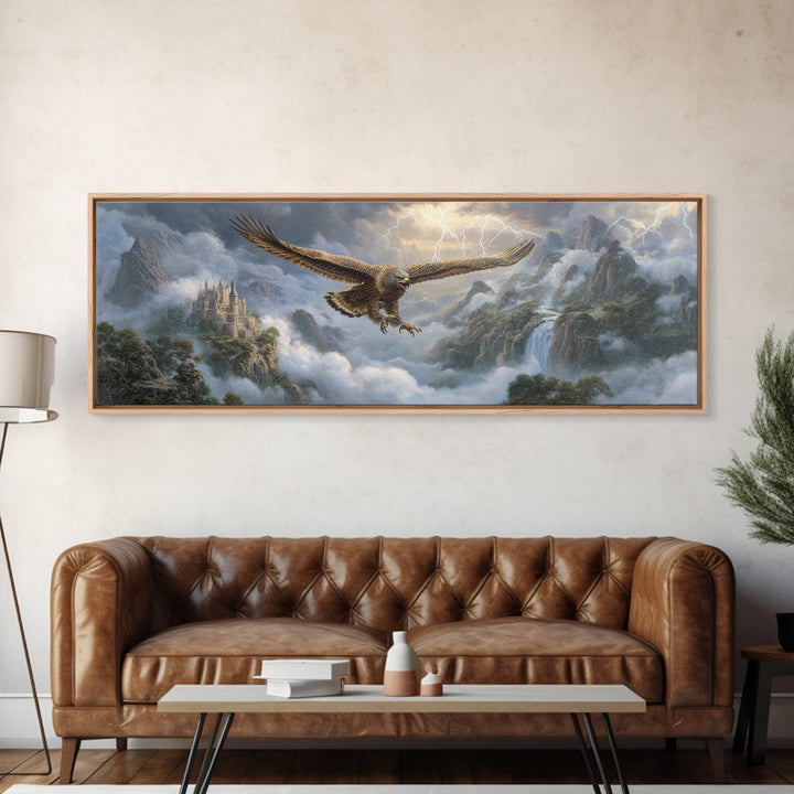 Soaring Eagle Over Misty Castle Mountains Framed Canvas Print, Fantasy Landscape Wall Art, Stormy Medieval Home Decor Gift