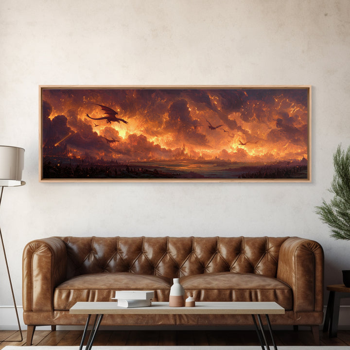 Fiery Dragons Over Apocalyptic Kingdom Framed Canvas Print, Dark Fantasy Wall Art, Epic Dragon Battle Home Decor For Game Room