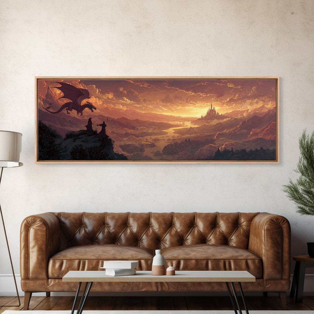 Sunset Dragon Watchers Above Golden Valley Canvas Print, Fantasy Landscape Wall Art, Medieval Castle Home Decor Gift For Him
