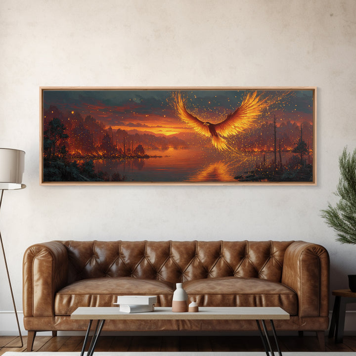 Fiery Phoenix Rising Over Burning Lake Framed Canvas Print, Fantasy Bird Wall Art, Large Vibrant Nature Home Decor Gift For Her