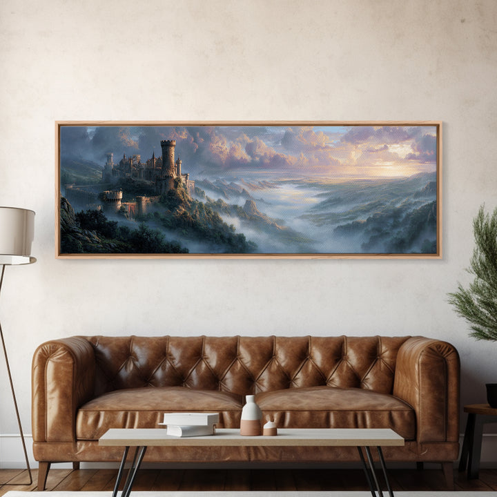 Misty Mountain Castle Above Clouded Valley Framed Canvas Print, Medieval Fantasy Wall Art, Large Landscape Home Decor Gift